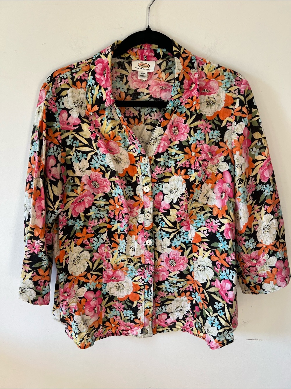 VINTAGE Talbots Woman Petites 12W Floral Linen Button Up Blouse Top